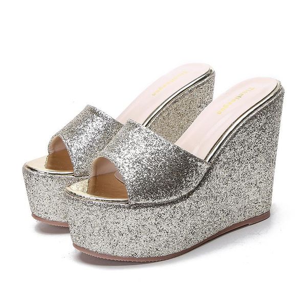 

sandals wedges heel women shoes summer high peep toe platform gold, Black