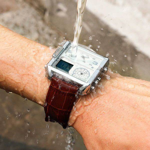 

lige brand luxury mens watches sport square 3 time zone large big quartz leather male watch for men waterproof +box 210527, Slivery;brown