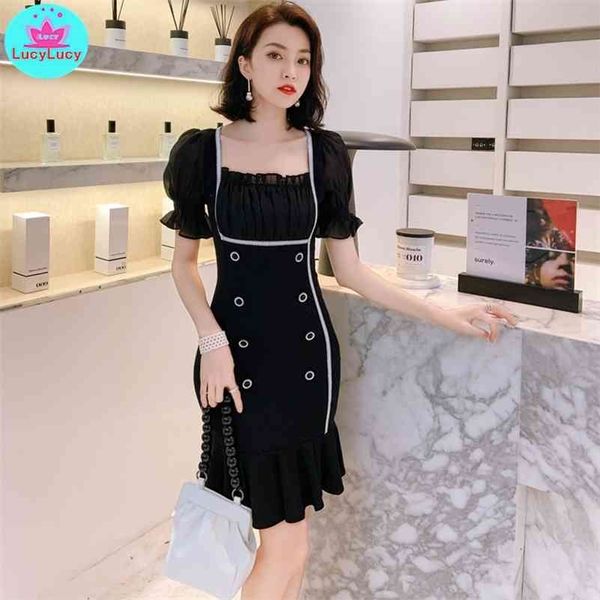

summer korean temperament ladies double-breasted slim slimming fishtail dress knee-length lantern sleeve 210416, Black;gray