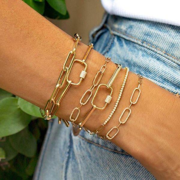 

link, chain 2021 gold color open link with heart rectangle charm 15+4cm micro pave clear cz lobster clasp bracelet for women fashion, Black