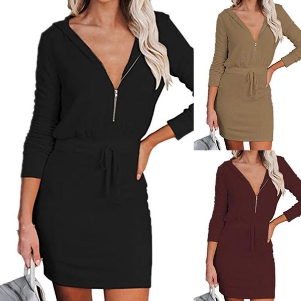 

casual dresses women dress solid color breathable long sleeve v neck for autumn, Black;gray