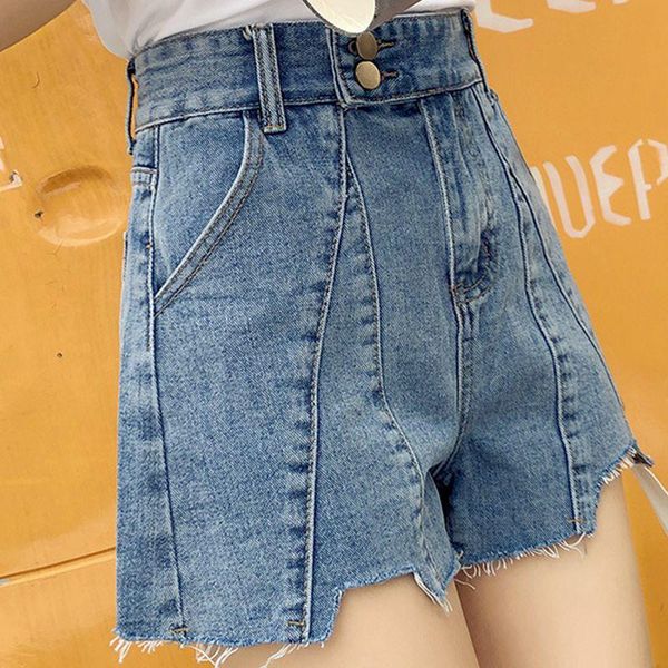 

high waist denim women's spliced shorts wide leg jeans washed sky blue black color for female with button s m  xl size, White;black