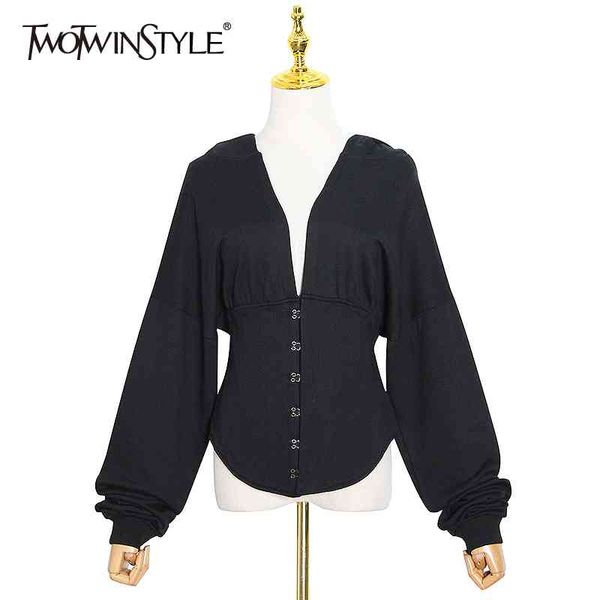 

tunic black sweatshirt for women v neck long sleeve hooded casual solid sweatshirts female fall fashion 210524