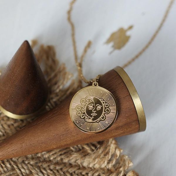 

pendant necklaces 100% 316l stainless steel sun moon coin medallion necklace for women gold metal choker collares collier femme, Silver