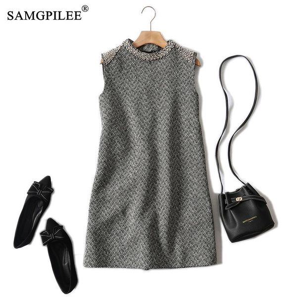 

dresses for women 2021 office lady a-line plaid sleeveless diamonds plus size korean style tank o-neck winter dress woman 4xl casual, Black;gray