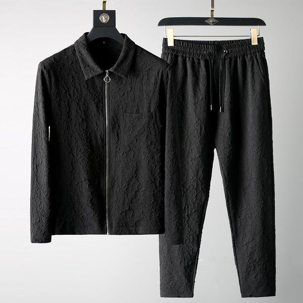 

men's tracksuits 2021 casual suit jacquard wrinkle resistant breathable thin long sleeve fashion comfortable slim fit cardigan two piec, Gray