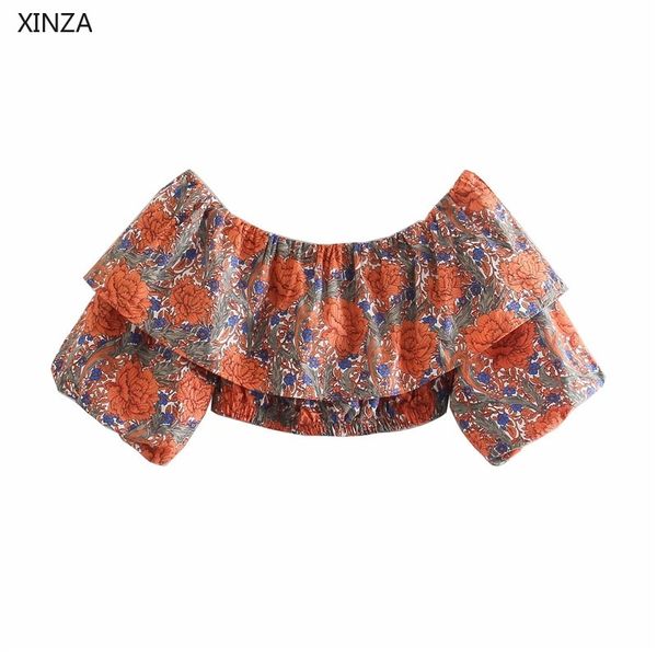 

women's knits & tees women floral print cropped summer blouse short puff sleeve ruffle vintage off shoulder woman elasti, White