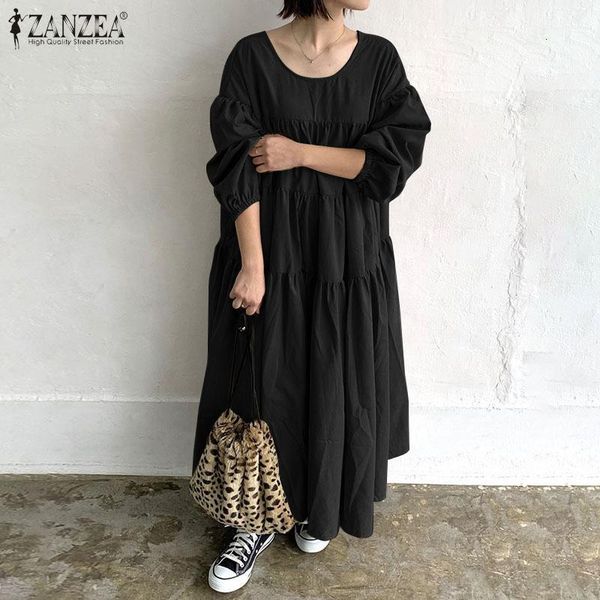 

plus size fashion ruffle dress women's summer sundress zanzea casual puff sleeve maxi vesitdos female backless robe femme dresses 21vh, Black;gray