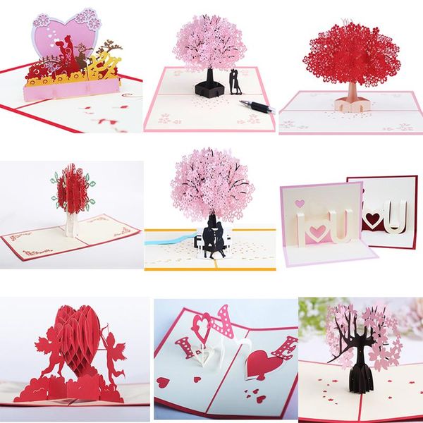 

greeting cards 5pcs/lot pink romantic valentine's day 3d stereo card blessing love wedding gift cherry tree paper handmade