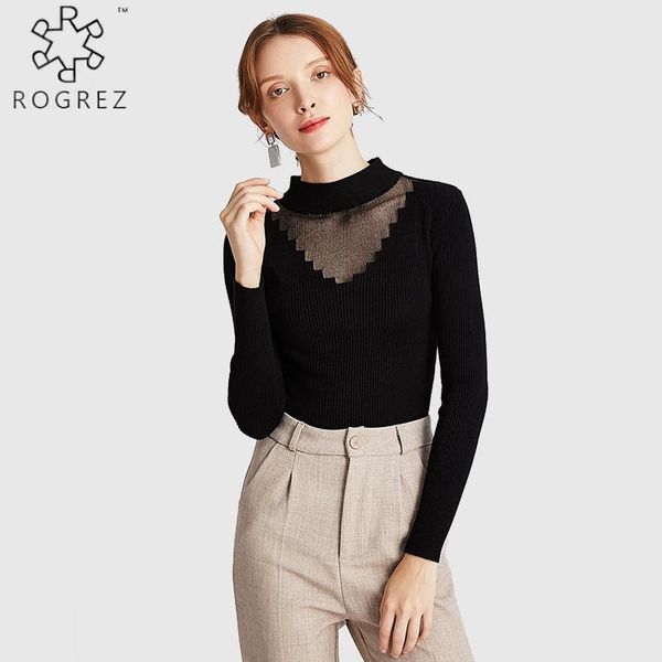 

women's sweaters rogrez arrival black red mesh & hollow out women high elastics autumn winter o neck pullover sweater, White;black