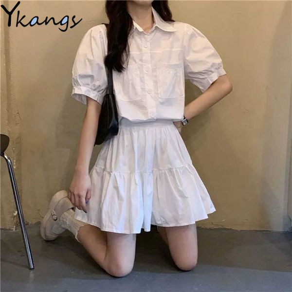 Белый 2 шт. Установить короткий слойный рукав карманная рубашка с высокой талией A-Line TUTU мини-плиссированная юбка женщины корейский летний костюм девушки 210619