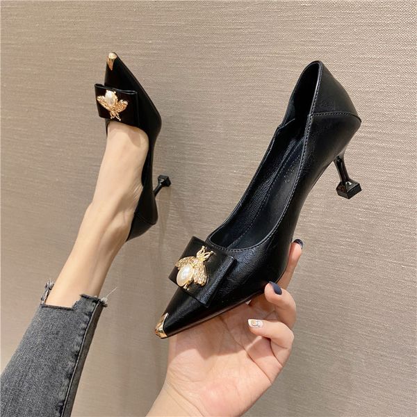 

shoes high heeled shoes dress women's thin spring french temperament goddess fan shallow mouth pointed head korean cat heel 5a-2 yidp, Black