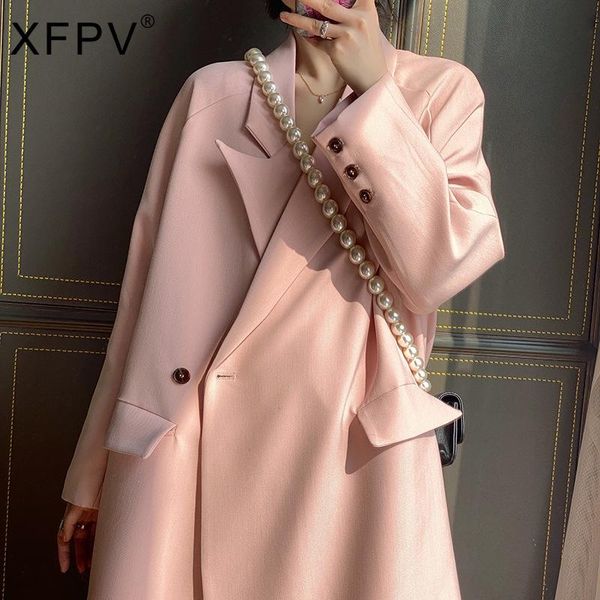 

women's suits & blazers xfpv korea chic temperament pink long blazer women's autumn 2021 notched loose one button sleeve suit jacke, White;black