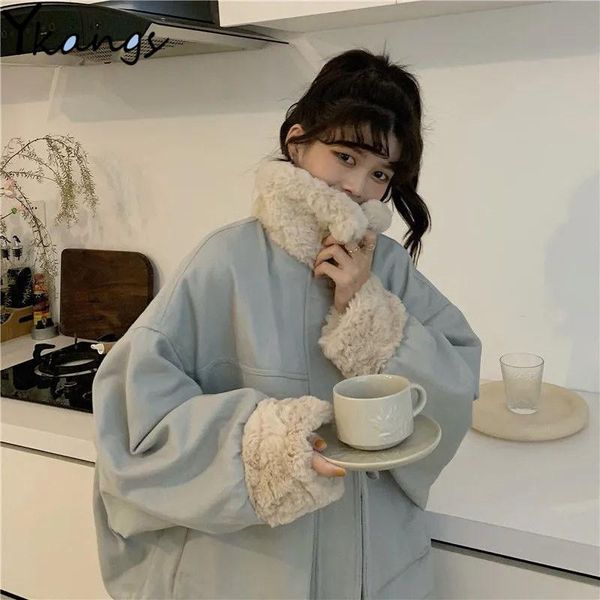 

women's down & parkas winter warm plus velvet parka coat korean style loose all-match long-sleeved zipper women jacket fashion solid co, Black