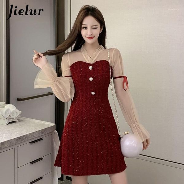 

casual dresses mesh stitching dress black red women korean midi v-neck fashion chic temperament a-line slim party vestidos mujer, Black;gray