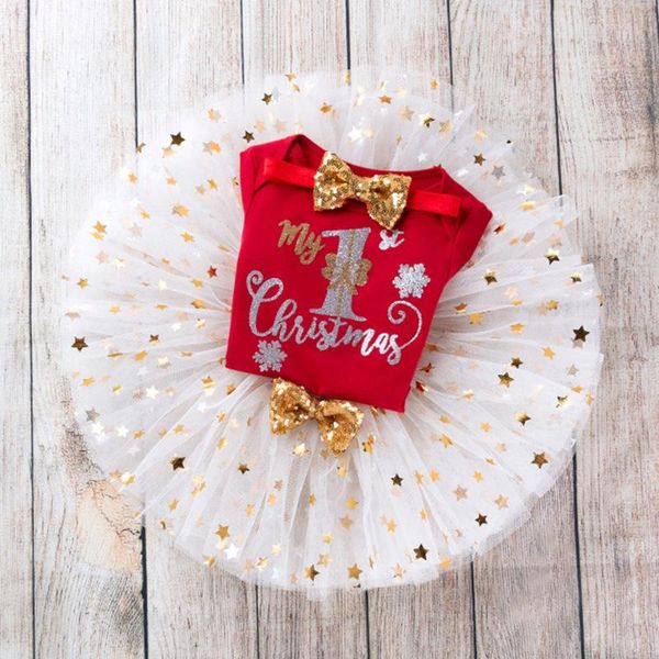 

clothing sets my first chirtmas clothes girl baby party princess lovely tutu skirt+bodysuit+headband 3pcs bebes outfits year, White