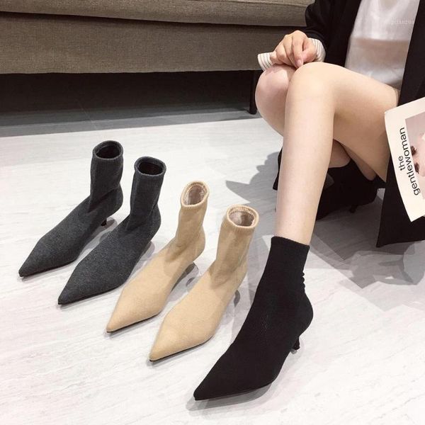 

boots niufuni 3 colors womens sock ankle knitting elasitc botas mujer pointed toe med heel 2021 autumn shoes woman1, Black