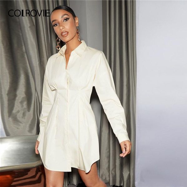 

casual dresses colrovie fold pleat detail button front shirt dress women drop shoulder slim waist solid flared mini, Black;gray