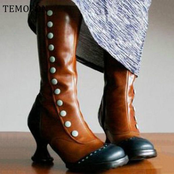 

boots temofon women winter mid calf round toe zipper autumn shoes casual dress party pu leather women's plus size hvt1621, Black