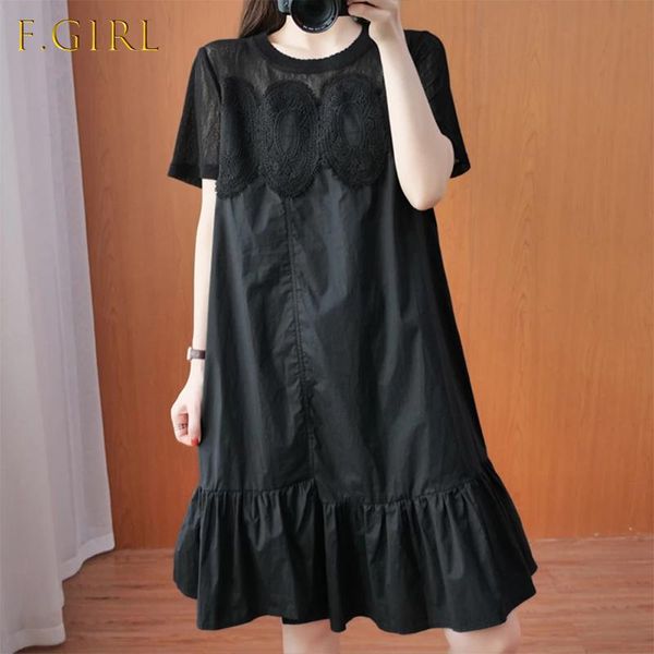 

party dresses 2021 summer dress japanese style solid color round neck lace splicing perspective simplicity casual women's clothing, White;black