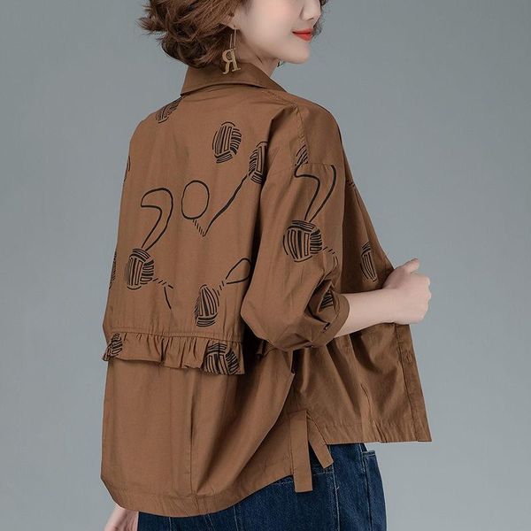 

women's jackets 2021 spring autumn cotton shirt ladies short thin jacket mother clothes loose casual printed coats female aq1211, Black;brown