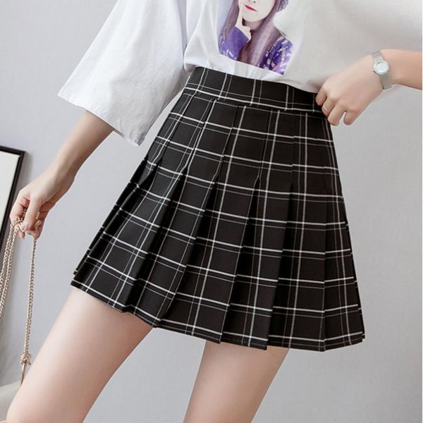 

skirts plaid pleated skirt female 2021 spring summer harajuku black white a-line high waist student mini for women