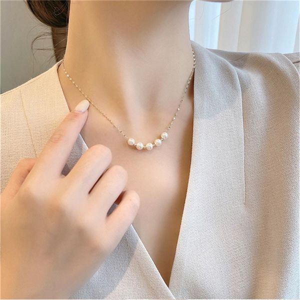 

pendant necklaces 2021 temperament freshwater pearl clavicle chain necklace simple and wild five small ladies color preserving, Silver