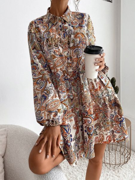 

paisley print babydoll dress u4e4#, Black;gray