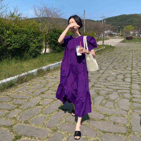 

casual dresses korean ins solid color round neck stitched bubble short sleeve loose dresses, Black;gray