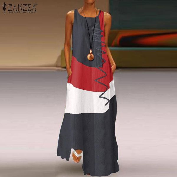 

casual dresses zanzea vintage summer sundress women's sleeveless color pacthwork maxi dress 2021 female o neck tank vestidos robe femme, Black;gray