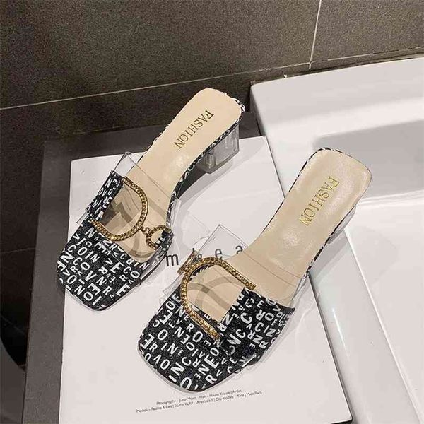 

women luxury brand design high street literal artshoes buckle decor clear heeled mule slide sandals 210628, Black