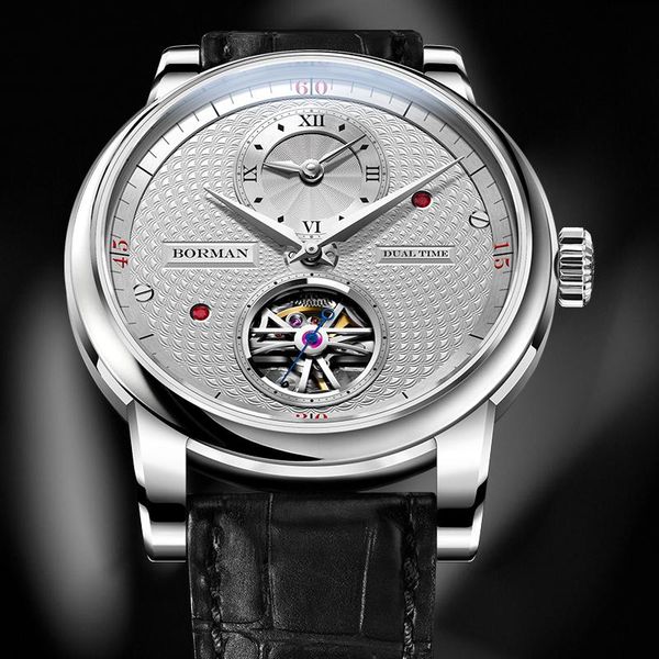 

wristwatches switzerland borman automatic mechanical men's watches 50m waterproof skeleton sapphire dual time zone clocks bm313, Slivery;brown