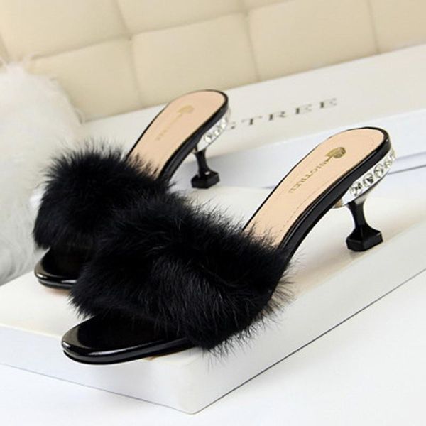 

women shoes2021 fashion elegant outside wearing half slipper rhinestone thin heel high hair one-word strap slippers, Black