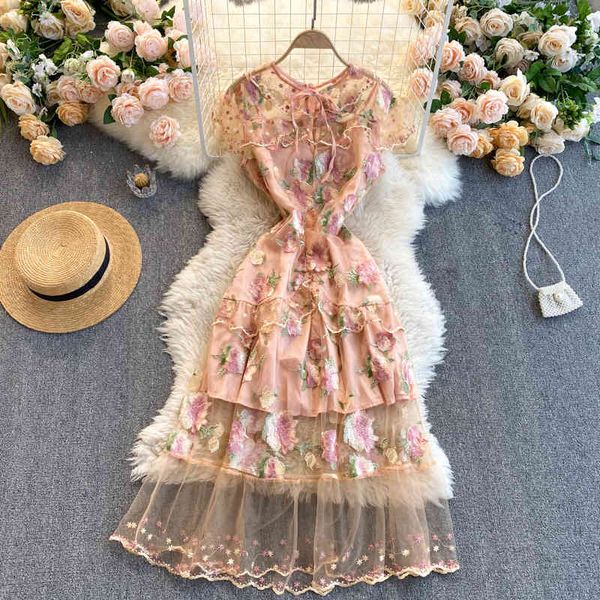 

dresses mesh embroidery flower women korean short sleeve a-line es summer high fashion elegant streetwear, Black;gray
