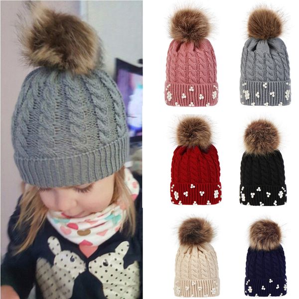 

infant baby knitted hats girls hairball pearl knit caps kids solid outdoor slouchy beanies toddler baby winter warm crochet hats 06, Yellow