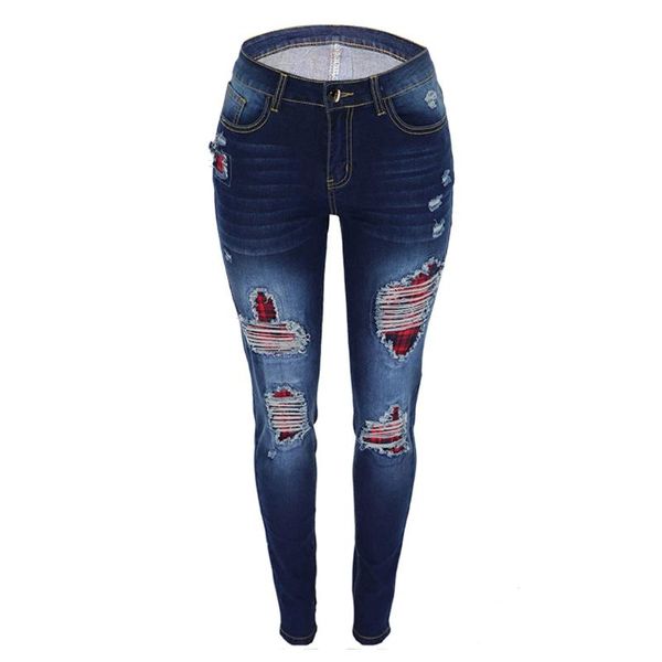

women's jeans ripped women plaid printed splice fashion hole denim pants female summer casual hollow out tight pencil #20, Blue