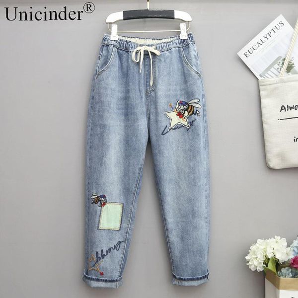 

unicinder 2021 plus size jeans women's loose harem pants full length high waisted women denim jeans#8266, Blue