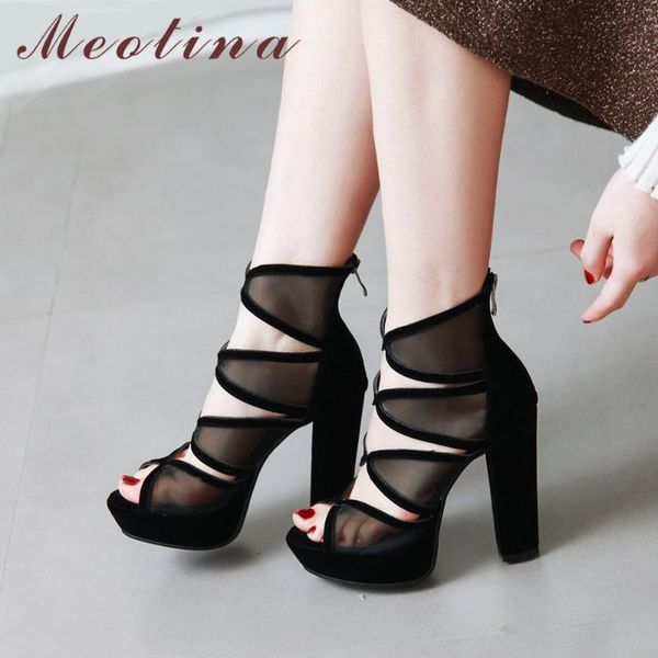

meotina women gladiator shoes summer sandals zipper platform block high heels cutout peep toe big size 33-43, Black