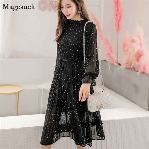 Koreanische Mode Frauen Langarm Polka Dot Plissee Kleid Schwarz Vintage Kleidung Frühling Dame Chiffon 3670 210518