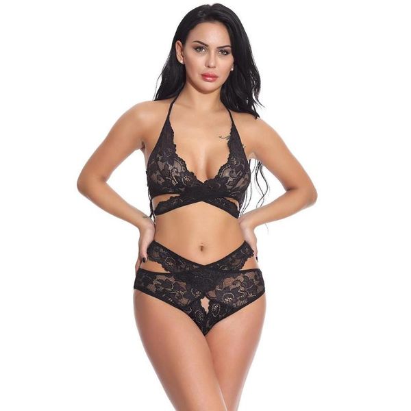 

bras sets women lace floral halter sleeveless see through lingerie set, Red;black