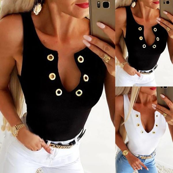 

women's summer solid color tanks for female t-shirt eyelet design y2k v-neck sleeveless t shirt women ropa mujer, White