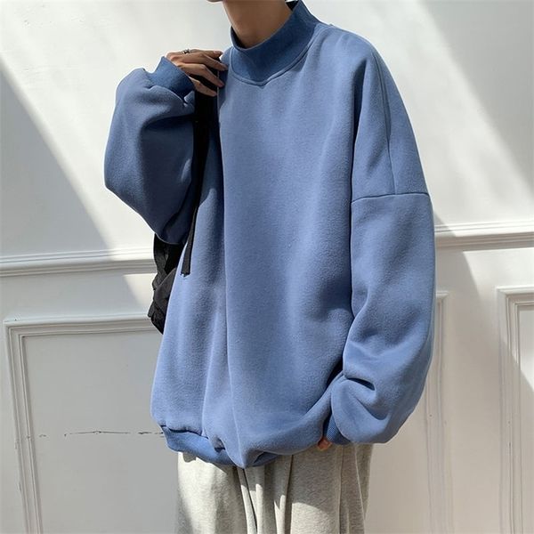 

men's black/white/pink/blue coats long sleeve high collar hoodies cotton casual clothes sweatshirts oversized pullover 210818