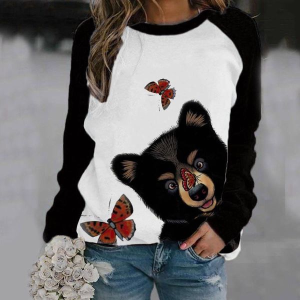 

women's blouses & shirts kawaii bear print for women butterfly o neck long sleeve casual tshirt vintage blouse ladies leisure, White