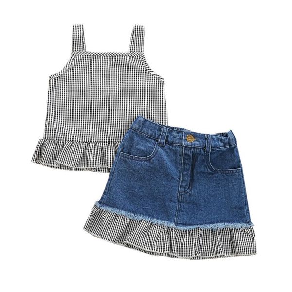 

clothing sets citgeesummer kids girls outfits set fashion plaid ruffles camisole and stitching denim short skirt clothes, White