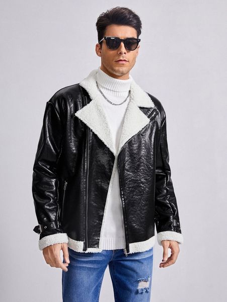 

men teddy panel zip up pu leather moto jacket m89z#, Black;brown