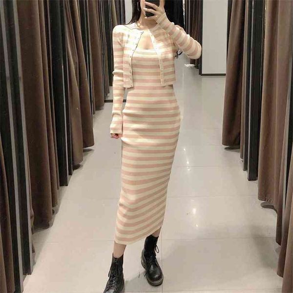 

spring and autumn women's casual striped slim knit sling dress 210430, Black;gray