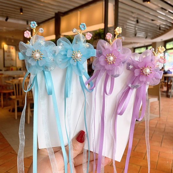 

hair accessories simple nostalgic mesh flower hairpin girls tassel streamer retro baby headdress clip for children fashion, Slivery;white