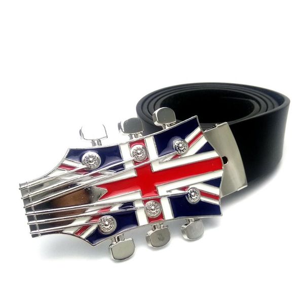 Gürtel Herren für Jeans mit Musikserie Union Jack Gitarre Gürtelschnalle Metall Schwarz PU Leder Männer Cintos Cuero Hombre