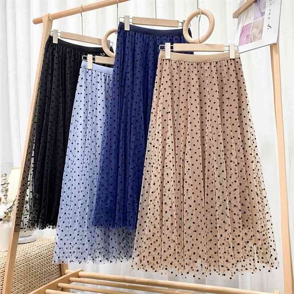 

croysier skirts summer casual elastic high waist mesh midi spring woman elegant flocking polka dot 210621, Black