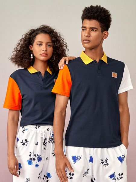 

1pc contrast panel patched polo shirt e0e3#, White;black